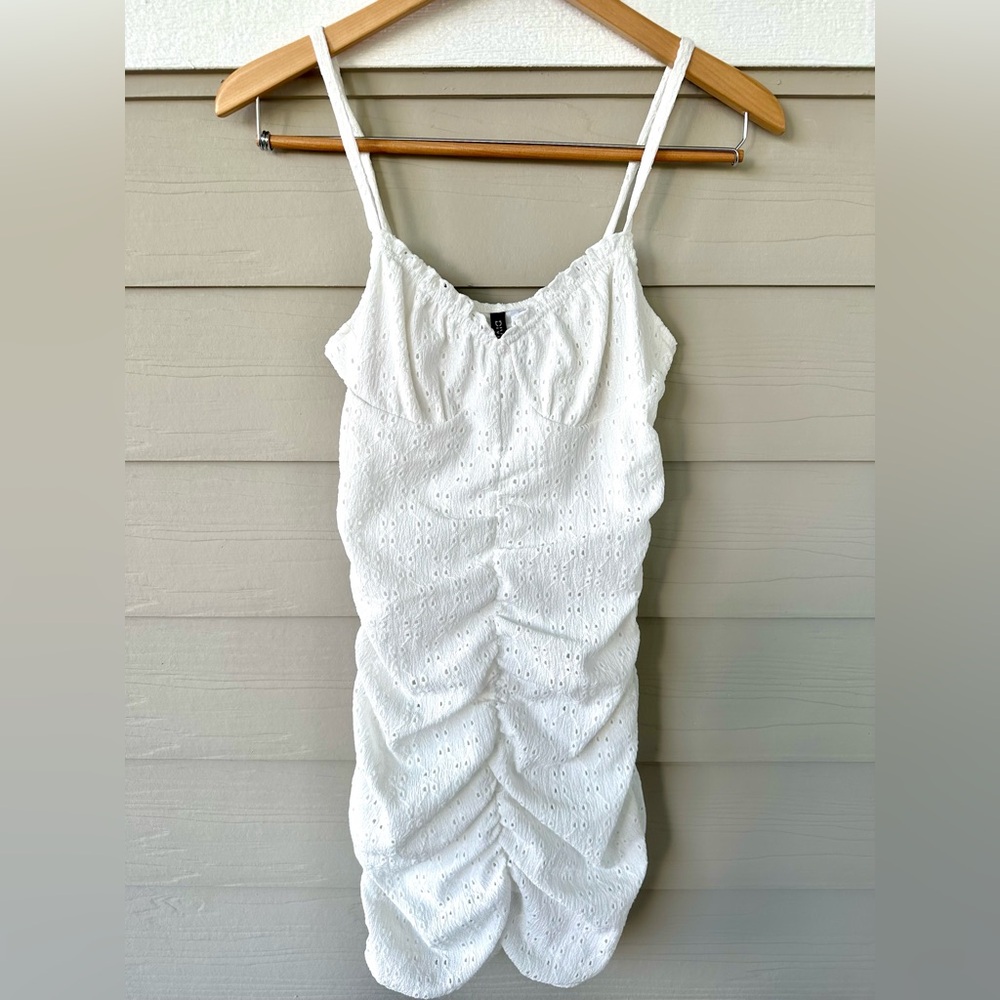 H&M White Ruched Eyelet Dress